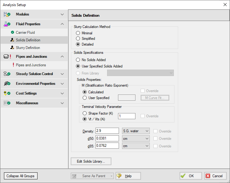 Analysis Setup for Pump Sizing for Sand Transfer System example.